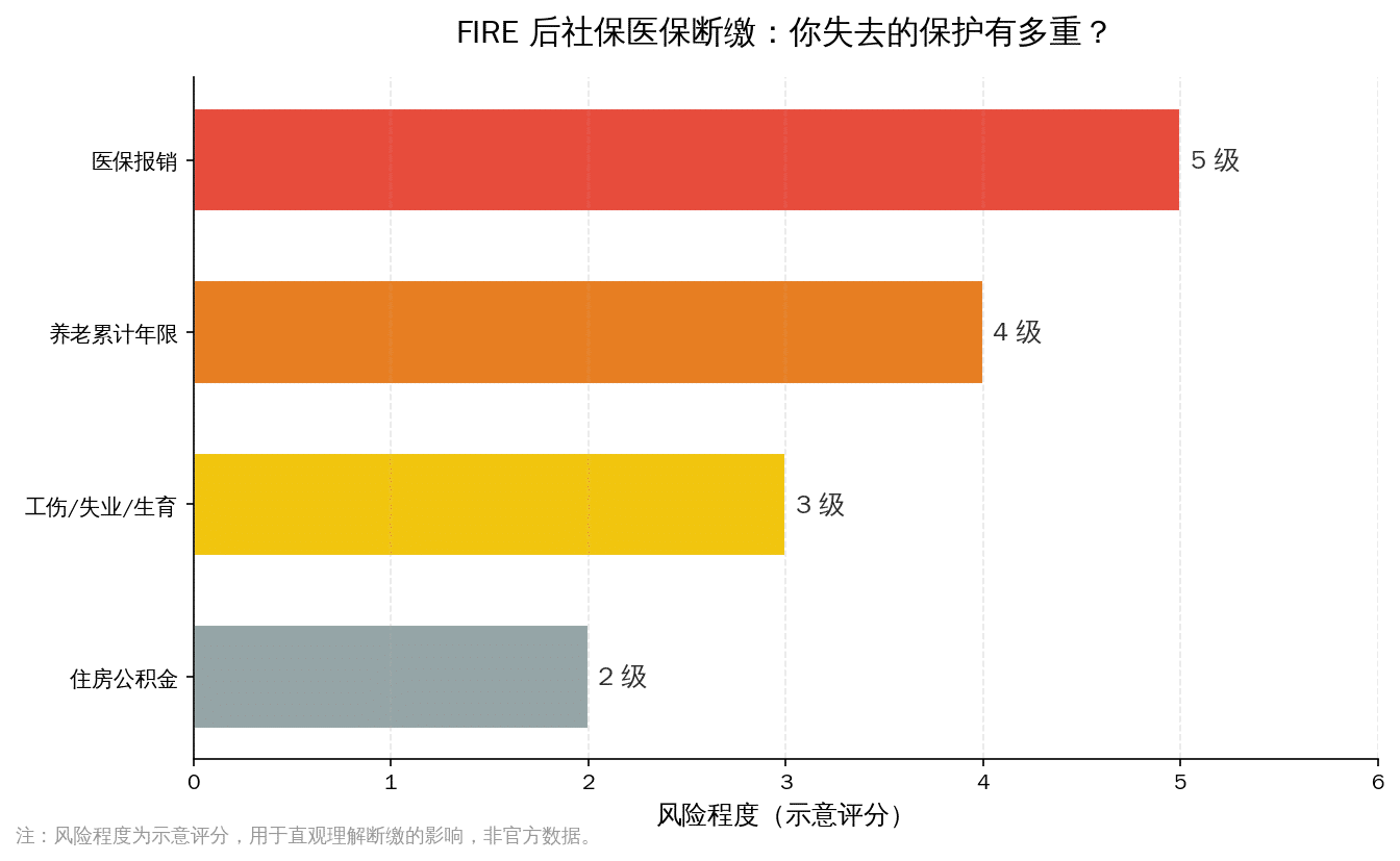 FIRE 后社保医保断缴所失去保障的风险示意柱状图
